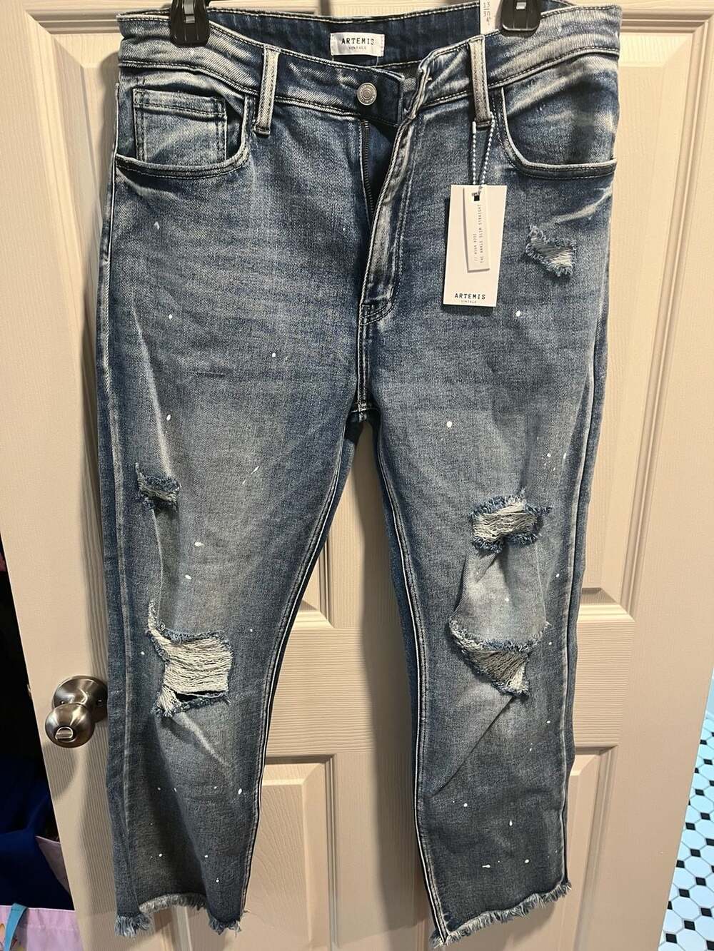 Artemis Vintage High Rise The Ankle Slim Straight Distressed Paint Splatter Jean